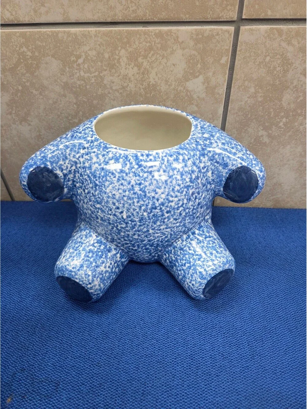 Vintage 1970s N.S. Gustin Blue Spongeware Teddy Bear Cookie Jar Hand Decorated